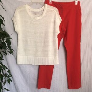 LOFT sz XS white sweater large weave & WORTHINGTON SZ 4 bright orange pants